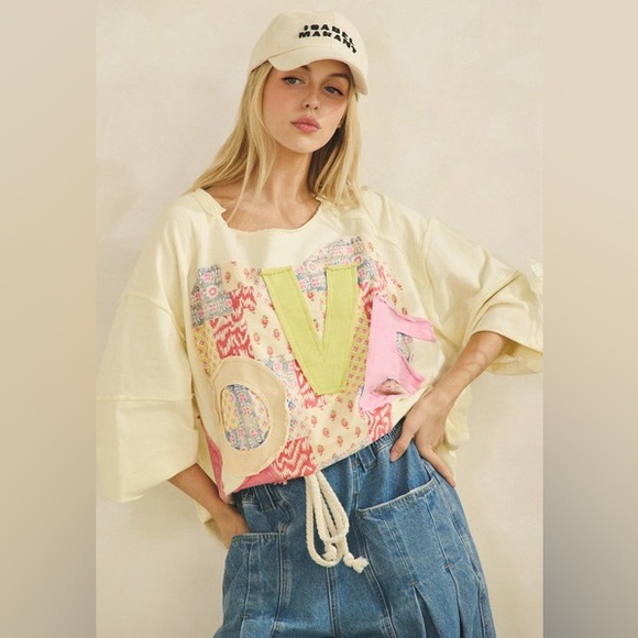 Sage + Fig Tops - Sage + Fig Ivory cream heart  Patchwork 'LOVE' Short Sleeve Boxy Tee
